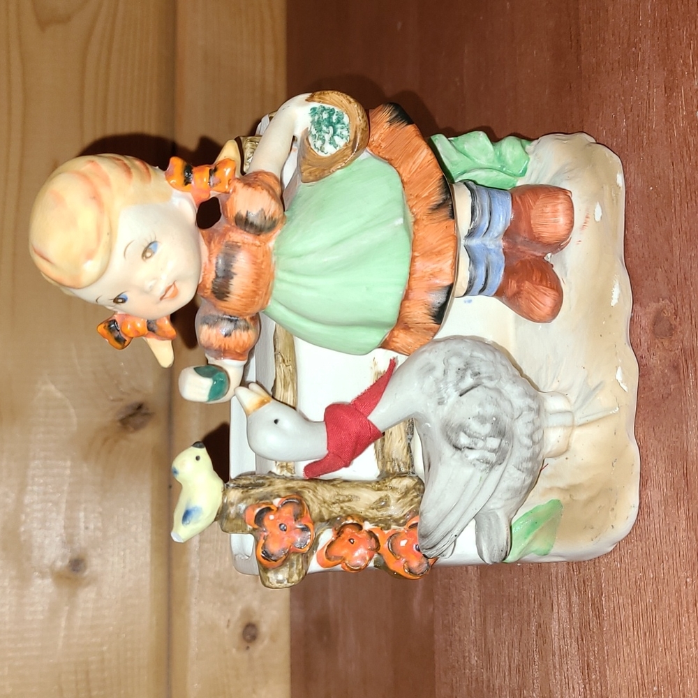 Vintage Napco Letter Holder Hummel Goebel Style Blonde Girl Feeding Duck or Swan